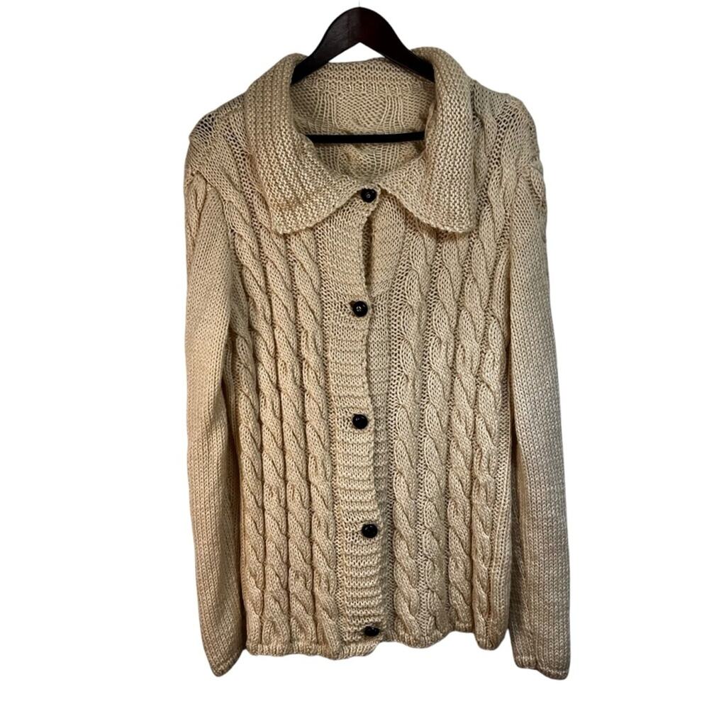 Women's Cable Knit Sweater | Cream | Hand Knit  |Collared Cardigan | Size XL